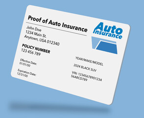 A proof of automobile insurance card that is a mock , generic card is seen in a 3-d illustration. Auto insurance proof.