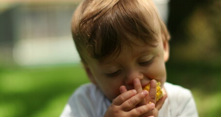 Cute baby eating corn cob outside. Portrait of infant toddler boy taking a bite of corn food