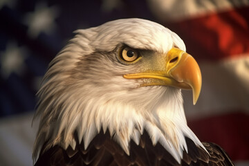 Fototapeta premium Bald eagle against the backdrop of the American flag. Generative AI.