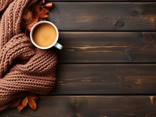 Top view of coffee and knitted scarf on wooden table, winter background, Generative Ai 