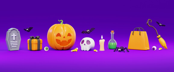 Halloween Banner or Background template. Halloween design element In 3D and plastic cartoon style. Halloween pumpkin 3D style for poster, banner, greeting card