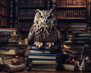 Eagle owl sits on books in the library. Generative AI.