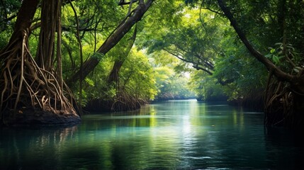 an image of a serene tropical river winding through a dense mangrove forest - obrazy, fototapety, plakaty