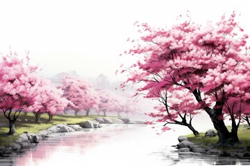 Obraz na płótnie Canvas Cherry blossom trees by a river isolated on white background. Generative AI