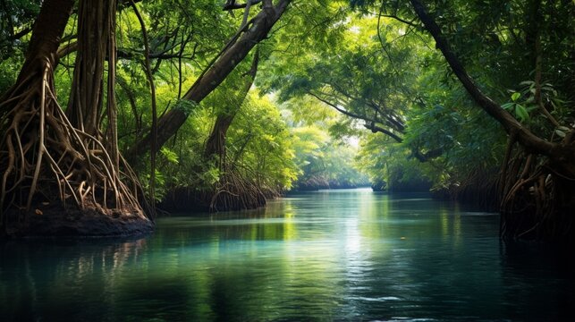 an image of a serene tropical river winding through a dense mangrove forest