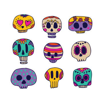 Sugar skulls decorated by design elements and colorful floral ornament. Mexican national holiday Day of the dead. Festive banner templates for Dia de los muertos. Vector illustration