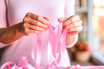 Pink October - Dedicated woman, lovingly weaving a pink ribbon, a symbol of awareness for the early detection of breast cancer. Together, we are stronger. We will beat breast cancer.