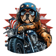 A mischievous pug dog perched on a chopper-style motorcycle, proudly wearing an American Flag Day t-shirt, situated in a bustling urban environment with skyscrapers towering behind, Generative Ai