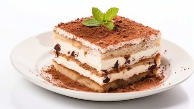 There is a picture of a piece of tiramisu cake by itself on a white background.