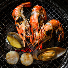 Grilled seafood and river shrimps on Hot coals for a barbecue
