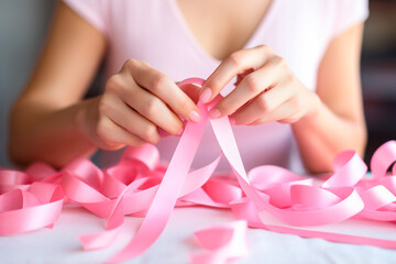 A powerful gesture of solidarity: a woman delicately weaves a pink ribbon, remembering the importance of early detection of breast cancer. Prevention is our shield against breast cancer.