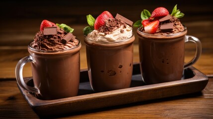 Three chocolate mousse dessert in artisan jugs