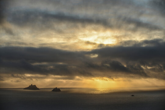 The skellig islands viewed from bolus head at sunset; Iveragh peninsula, county kerry, ireland