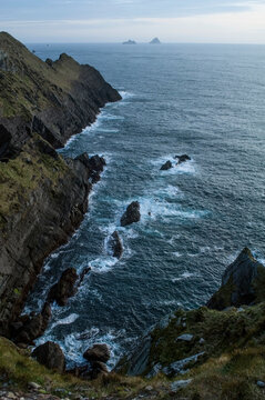 Skellig michael and little skellig viewed from the cliffs above cahersiveen on the ring of skelligs; Iveragh peninsula, county kerry, ireland
