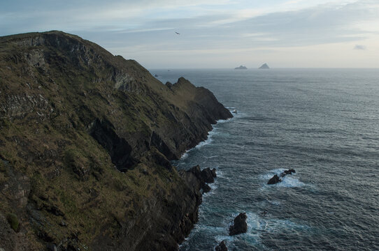 Skellig michael and little skellig viewed from the cliffs above cahersiveen on the ring of skelligs; Iveragh peninsula, county kerry, ireland