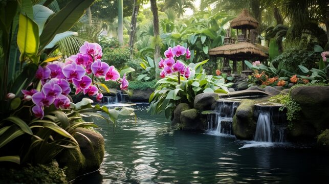 an image of a serene tropical garden with blooming orchids and lush greenery