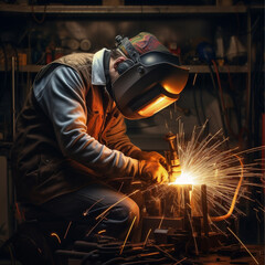 welder, gear, fire, motor, serious, background with smoke