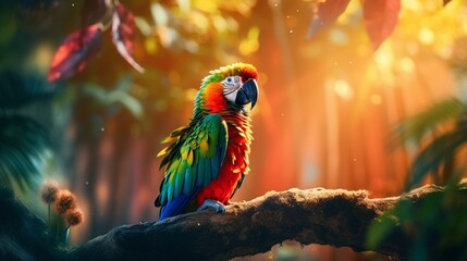 A vibrant parrot perched on a lush, tropical tree branch, its feathers gleaming in the dappled sunlight.