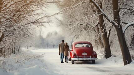 Fototapeta premium Toward experience Upbeat family unwinding and getting a charge out of street trip Mother father child and vintage car on frigid winter nature foundation Christmas occasions time