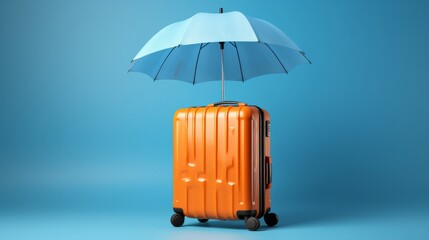 Travel protections commerce concept Ruddy umbrella cover plane and bags on blue foundation Travel...
