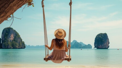 Traveler lady unwinding on swing over Andaman ocean Railay shoreline Krabi Relaxation visitor travel Phuket Thailand summer occasion get-away trip Wonderful goals put Asia Cheerful dream concept