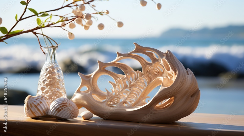 Aufkleber a vase with a flower and two seashells on a table. generative ai