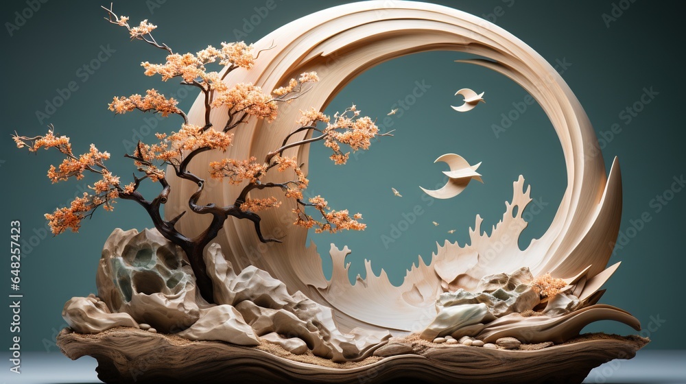 Poster a sculpture of a tree and a bird flying over it. generative ai