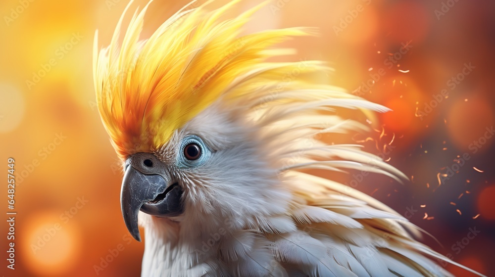 Poster a close up of a bird with a yellow and white feathers. generative ai