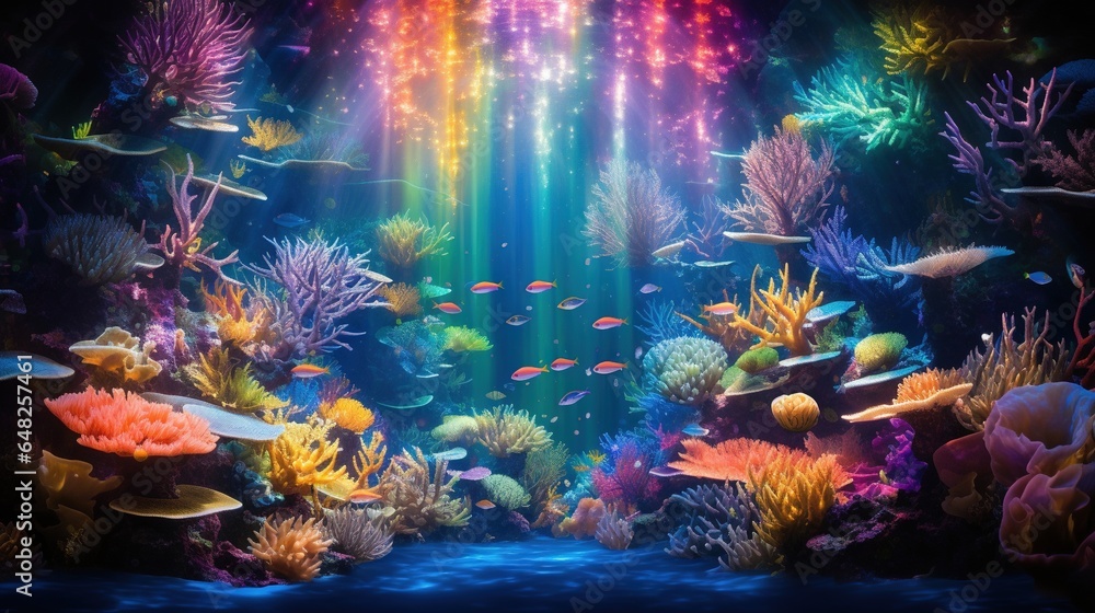 Poster an underwater scene with many different types of corals and fish. generative ai