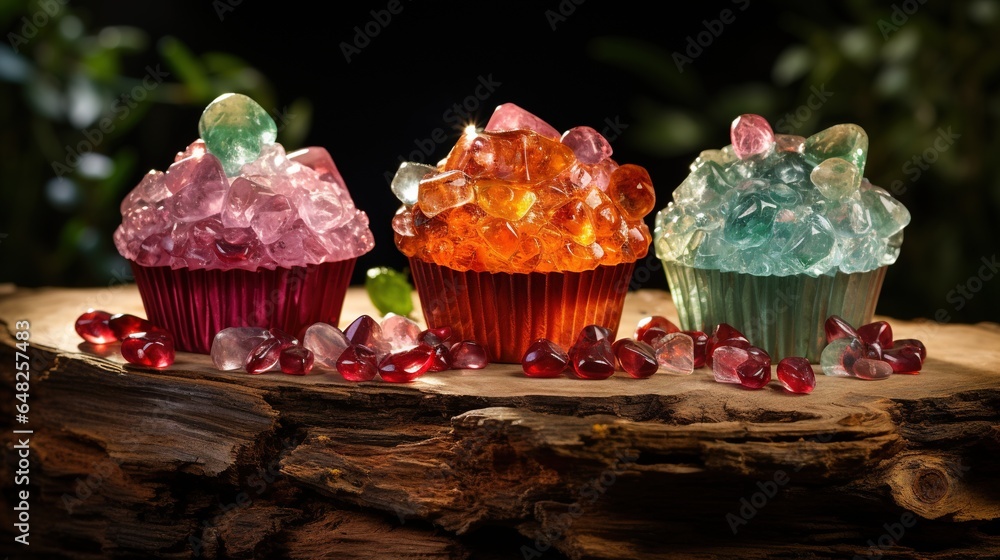 Poster three cupcakes with different colored frosting on top of them. generative ai