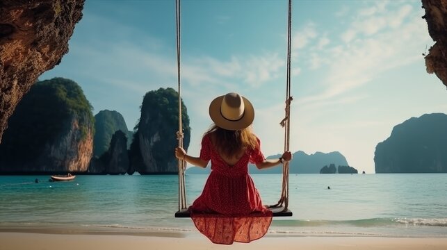 Traveler lady unwinding on swing over Andaman ocean Railay shoreline Krabi Relaxation visitor travel Phuket Thailand summer occasion get-away trip Wonderful goals put Asia Cheerful dream concept