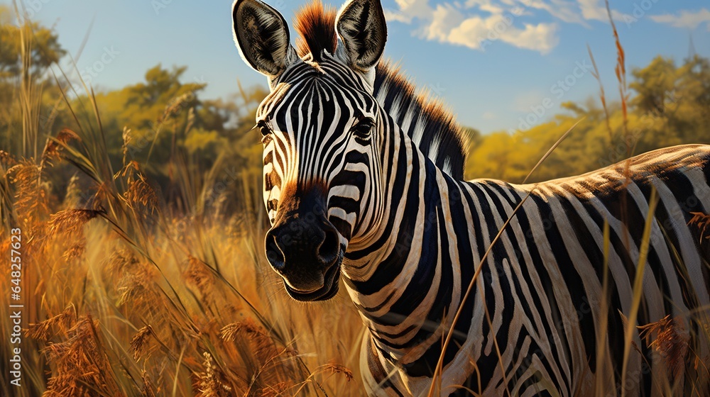 Poster a painting of a zebra standing in a field of tall grass. generative ai