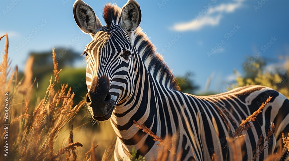 Poster a close up of a zebra in a field of tall grass. generative ai