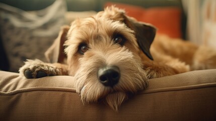 Capture a close-up of the Wheaten Terrier's expressive eyes as it lounges on the couch.