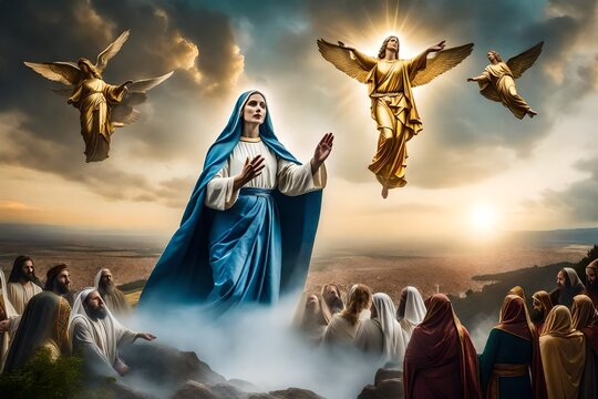a world where the Assumption of the  Mary into heaven was captured on film and became an iconic moment in history ,  4k, 8k, 16k, full ultra hd, high -ar 32 --v 5 --upbeta -