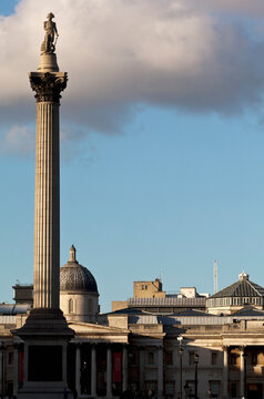 View from Whitehall of Nelsons Column and National Gallery at Trafalgar Square; London England