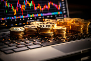 Gold bitcoin coins, virtual money on a laptop