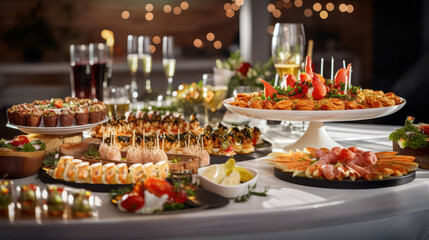 Naklejka premium Buffet concept. Close-up of a table in a restaurant with a variety of food, snacks. canapés, salads. Varied food. Nutrition concept.