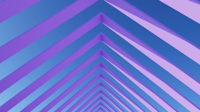 3D render of slow moving camera through violette triangle constructions in day light with sun shadows on blue sky, 4K seamless loop abstract architectural template