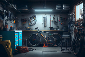Interior of modern bicycle garage or workshop with many professionals tools and equipment. Created with Generative AI technology