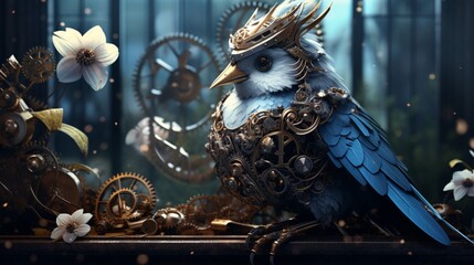 an image of a songbird in a steampunk aviary with gears and cogs - obrazy, fototapety, plakaty