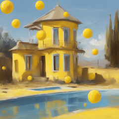Picture, yellow house. Generative AI.