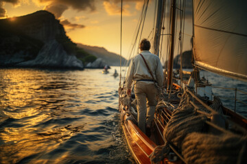 Back view of Caucasian sailor on sailing yacht in tropical seas