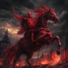 Beautiful fiery red horse rearing burning cloudy background AI Generated art - obrazy, fototapety, plakaty