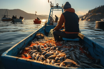 Back view of a fisherman returning home from a successful fishing - obrazy, fototapety, plakaty