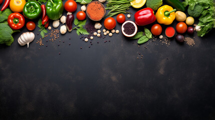 Obraz na płótnie Canvas Frame of organic food. Fresh raw vegetables with bla, generative ai