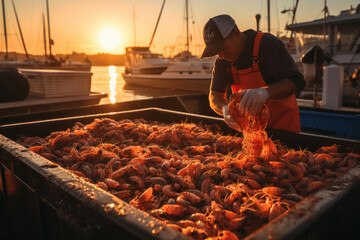 A man sorts through freshly caught fresh shrimp on a fishing boat