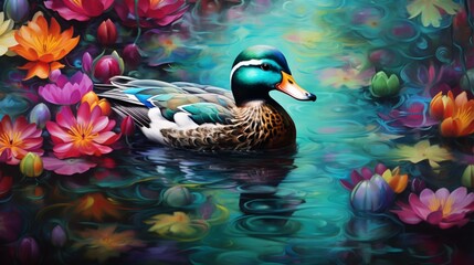 an image of a teal duck resting among colorful water lilies