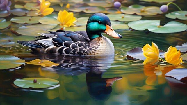 an image of a teal duck resting among colorful water lilies