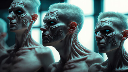 three clones with diesease and wounds on their face - obrazy, fototapety, plakaty